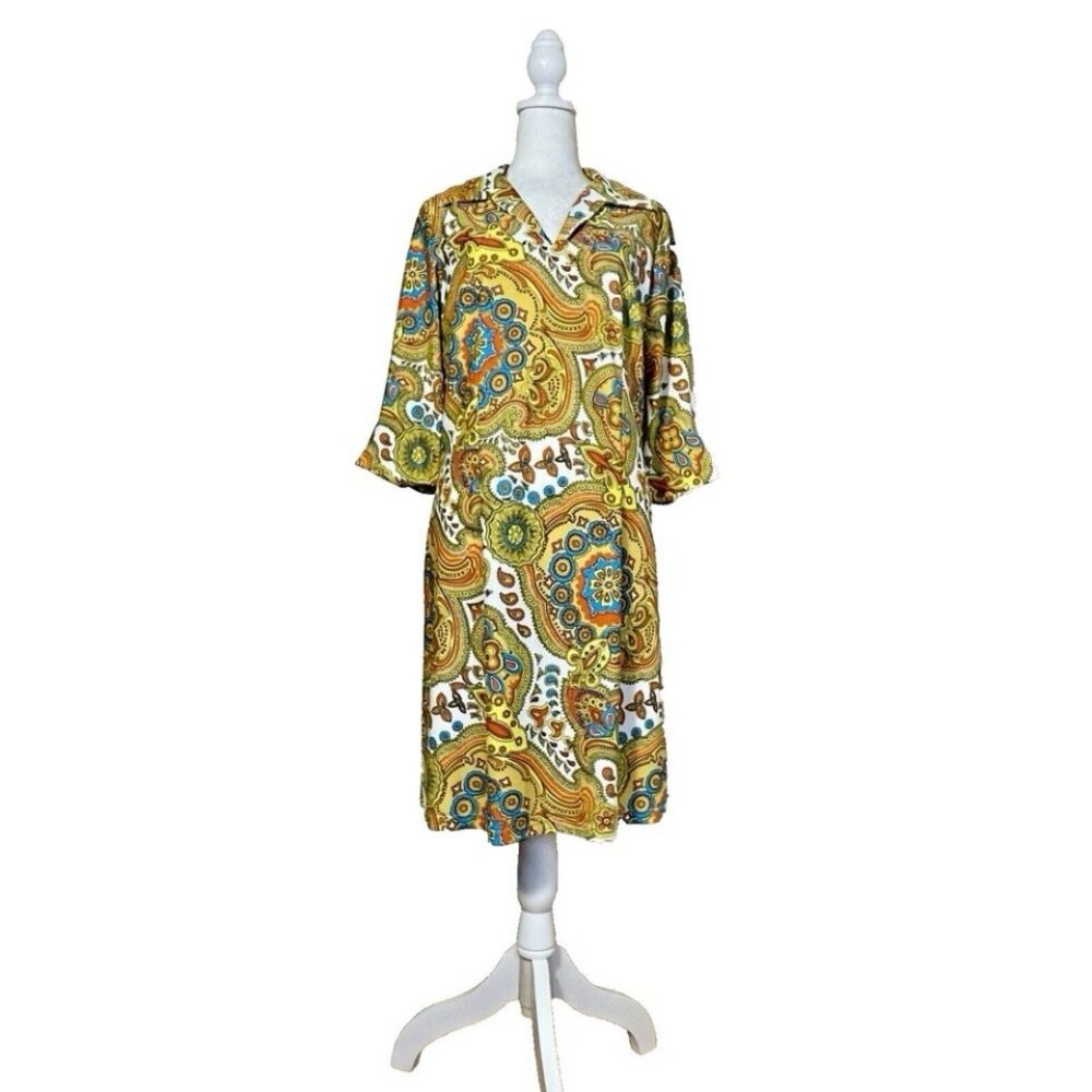 Jude Connally Yellow Paisley Midi Dress with Blue & Green Accents